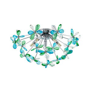LightFixturesUSA - 5 - Light Bloom Green Blue Crystal Dandelion Semi Flush Mount - Ceiling Light - Chrome - 