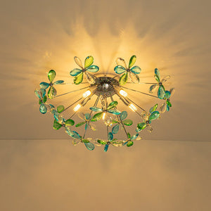 LightFixturesUSA - 5 - Light Bloom Green Blue Crystal Dandelion Semi Flush Mount - Ceiling Light - Chrome - 