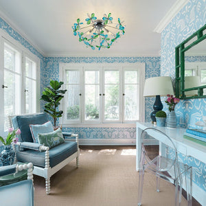 LightFixturesUSA - 5 - Light Bloom Green Blue Crystal Dandelion Semi Flush Mount - Ceiling Light - Chrome - 