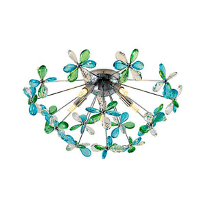 LightFixturesUSA - 5 - Light Bloom Green Blue Crystal Dandelion Semi Flush Mount - Ceiling Light - Chrome - 