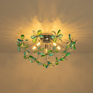 LightFixturesUSA - 5 - Light Bloom Green Blue Crystal Dandelion Semi Flush Mount - Ceiling Light - Chrome - 