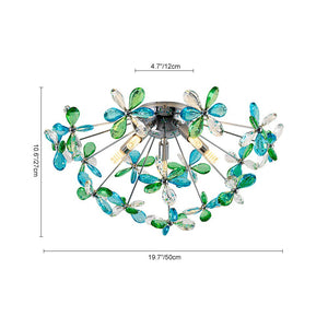 LightFixturesUSA - 5 - Light Bloom Green Blue Crystal Dandelion Semi Flush Mount - Ceiling Light - Chrome - 