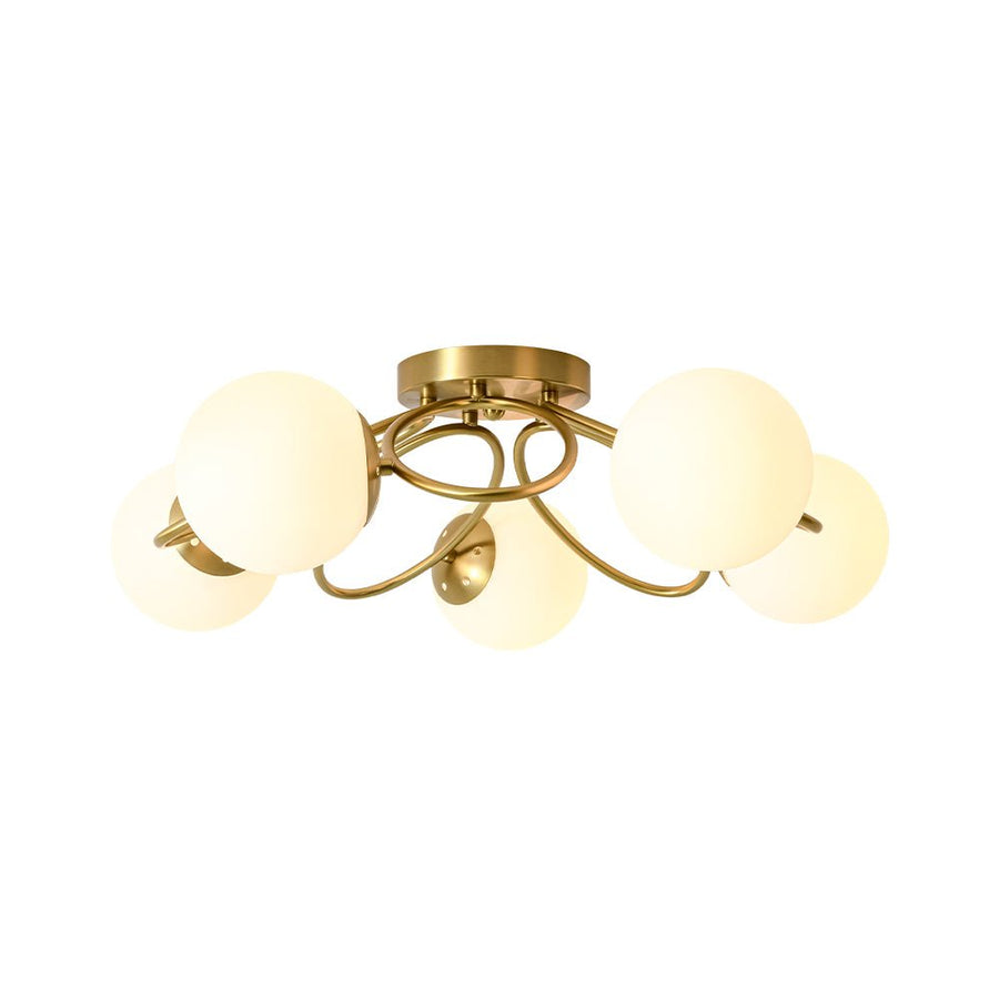 LightFixturesUSA - 5 - Light Bloom Ring Opal Glass Globe Semi Flush Mount - Ceiling Light - Brass - 