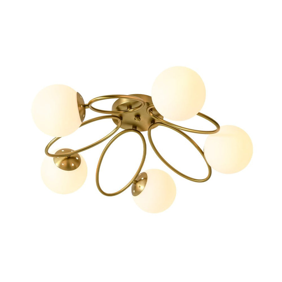 LightFixturesUSA - 5 - Light Bloom Ring Opal Glass Globe Semi Flush Mount - Ceiling Light - Brass - 