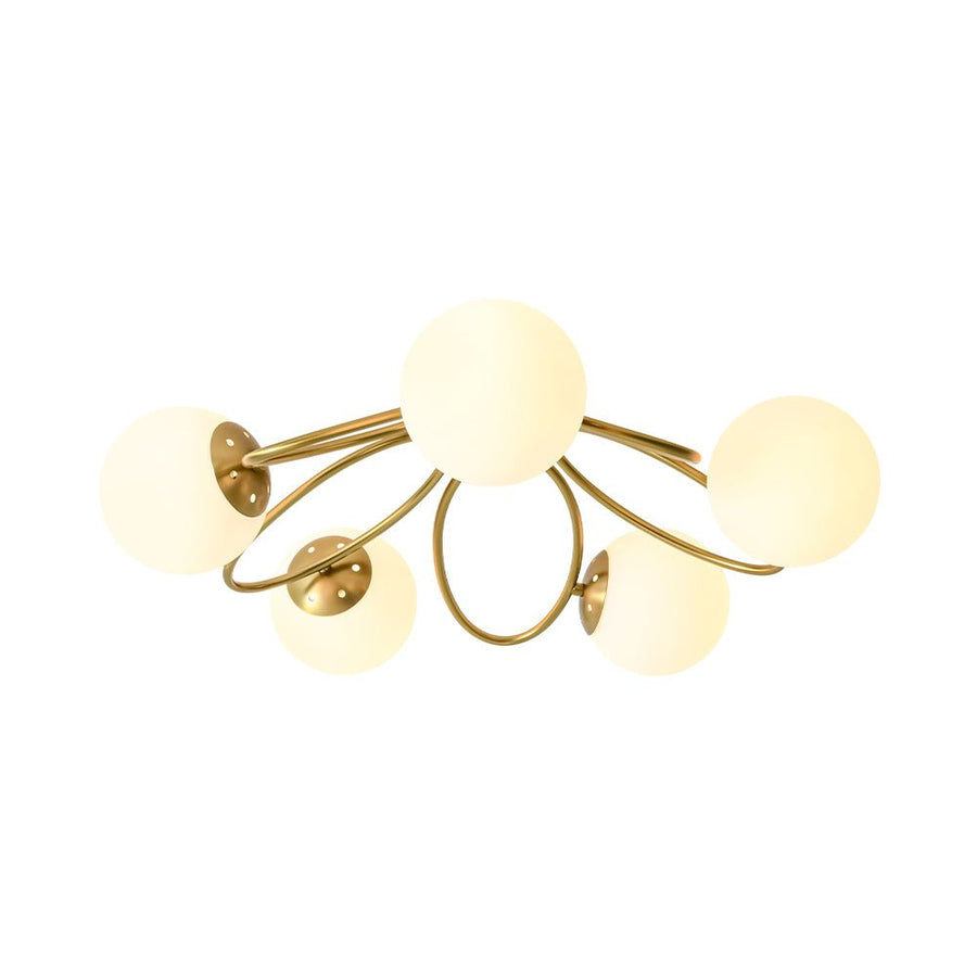 LightFixturesUSA - 5 - Light Bloom Ring Opal Glass Globe Semi Flush Mount - Ceiling Light - Brass - 