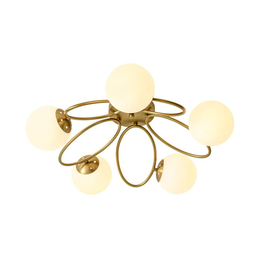 LightFixturesUSA - 5 - Light Bloom Ring Opal Glass Globe Semi Flush Mount - Ceiling Light - Brass - 