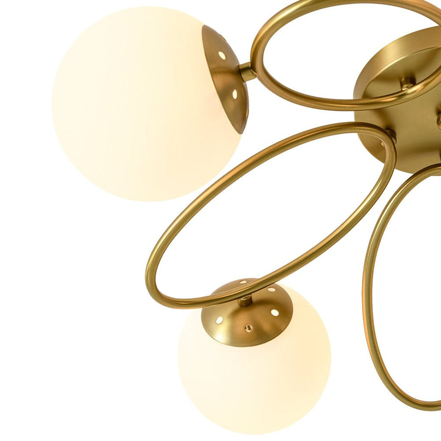 LightFixturesUSA - 5 - Light Bloom Ring Opal Glass Globe Semi Flush Mount - Ceiling Light - Brass - 