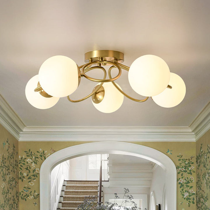 LightFixturesUSA - 5 - Light Bloom Ring Opal Glass Globe Semi Flush Mount - Ceiling Light - Brass - 