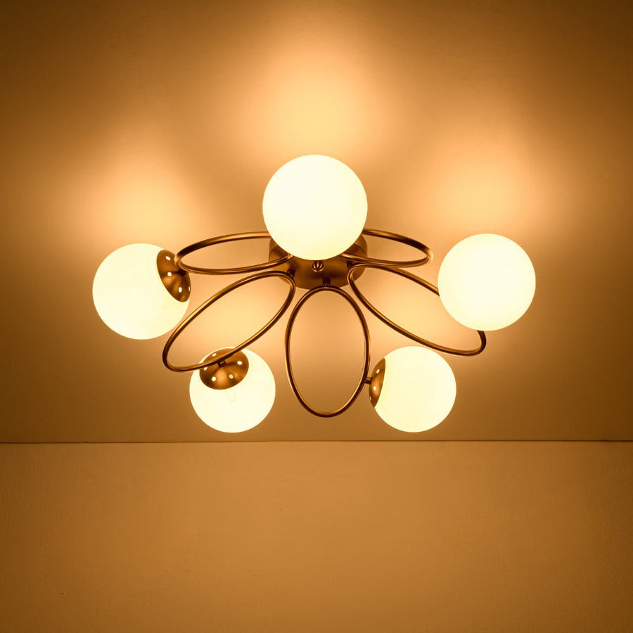 LightFixturesUSA - 5 - Light Bloom Ring Opal Glass Globe Semi Flush Mount - Ceiling Light - Brass - 