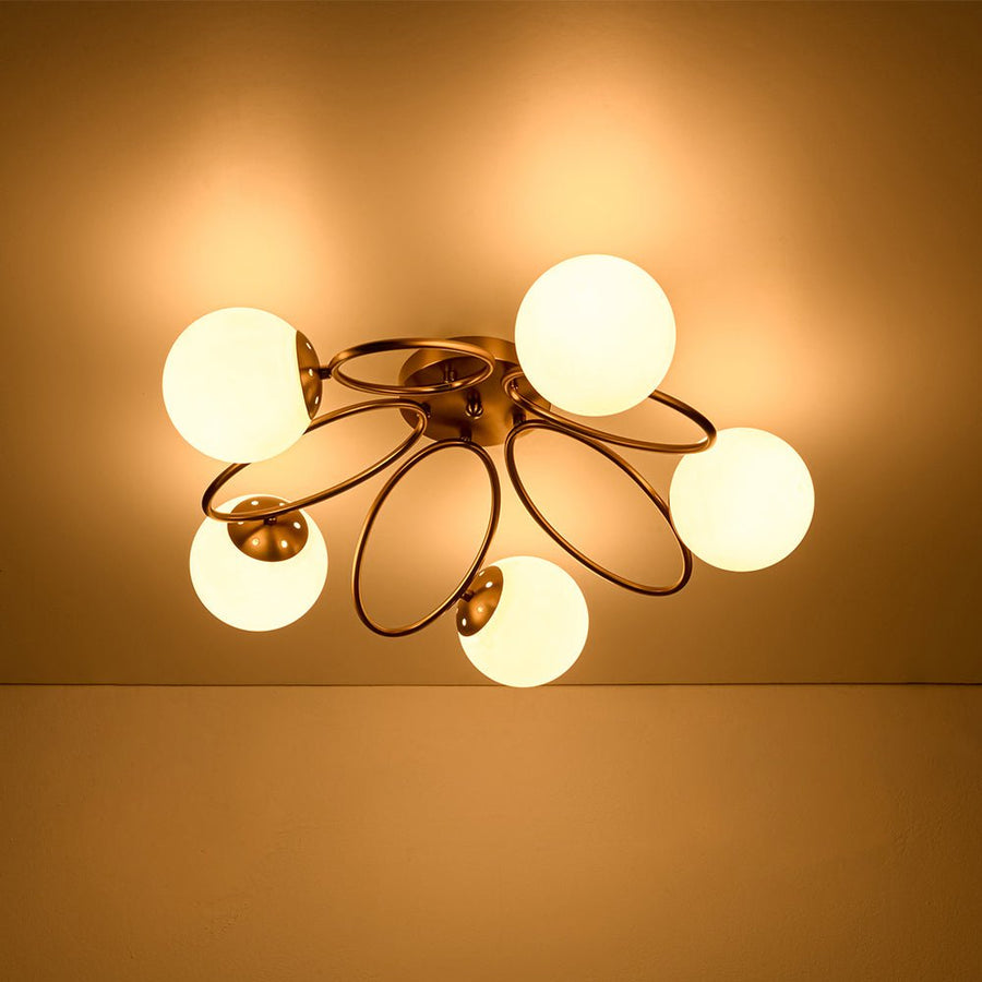 LightFixturesUSA - 5 - Light Bloom Ring Opal Glass Globe Semi Flush Mount - Ceiling Light - Brass - 