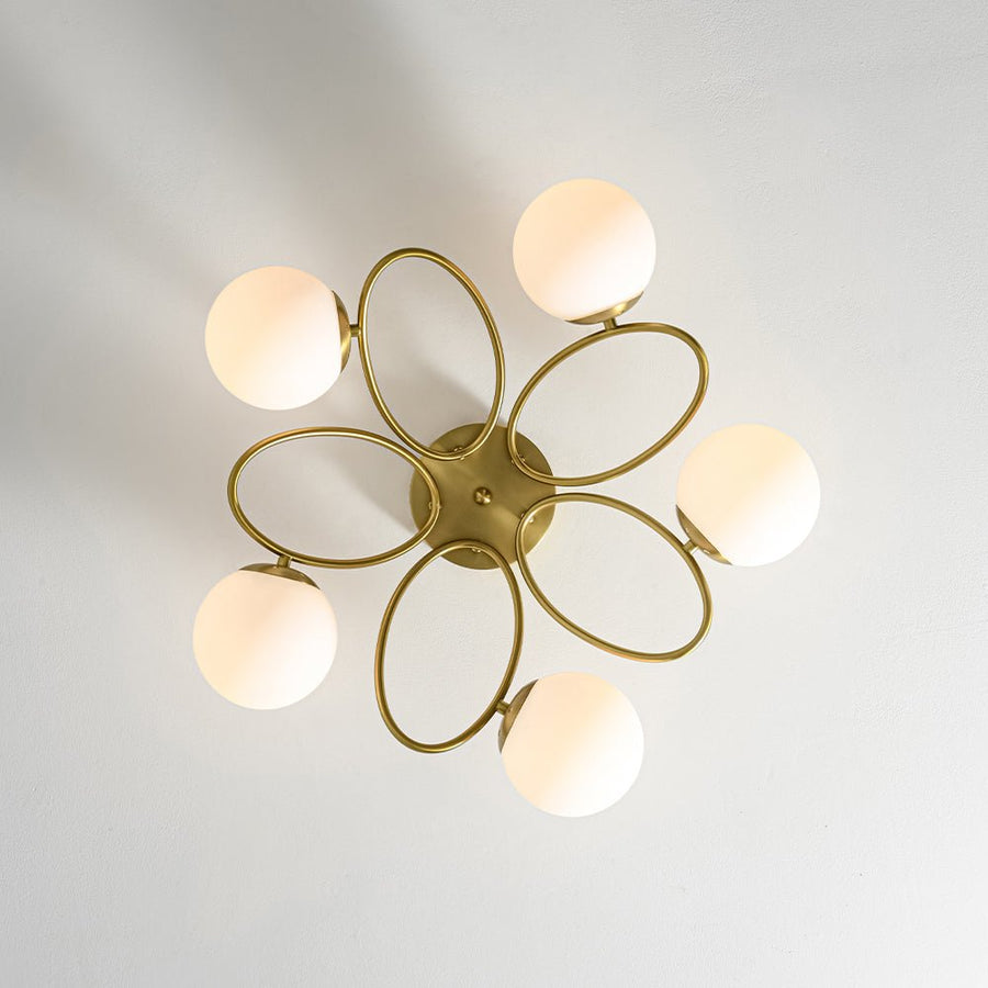 LightFixturesUSA - 5 - Light Bloom Ring Opal Glass Globe Semi Flush Mount - Ceiling Light - Brass - 