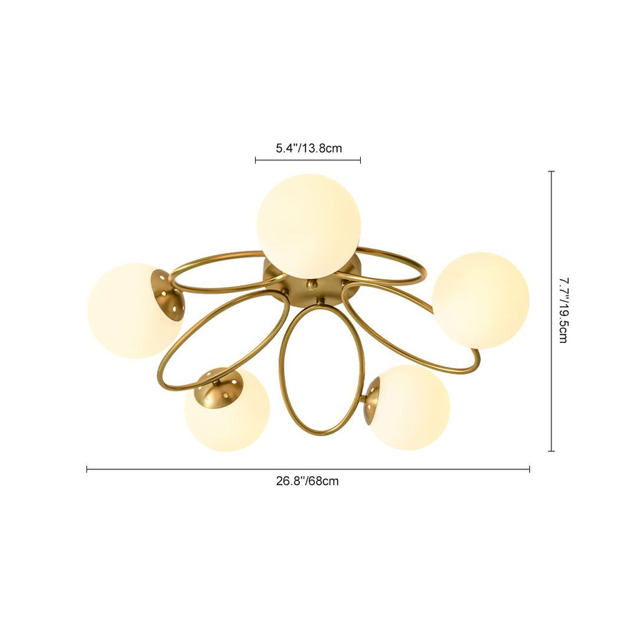 LightFixturesUSA - 5 - Light Bloom Ring Opal Glass Globe Semi Flush Mount - Ceiling Light - Brass - 