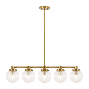 LightFixturesUSA-5-Light Brass Ribbed Glass Globe Linear Island Chandelier-Chandelier-34.3 in-