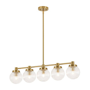 LightFixturesUSA-5-Light Brass Ribbed Glass Globe Linear Island Chandelier-Chandelier-34.3 in-