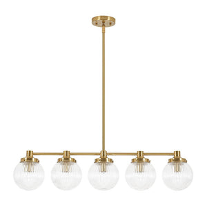 LightFixturesUSA-5-Light Brass Ribbed Glass Globe Linear Island Chandelier-Chandelier-34.3 in-