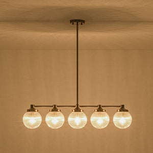 LightFixturesUSA-5-Light Brass Ribbed Glass Globe Linear Island Chandelier-Chandelier-34.3 in-