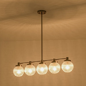 LightFixturesUSA-5-Light Brass Ribbed Glass Globe Linear Island Chandelier-Chandelier-34.3 in-