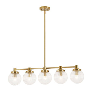 LightFixturesUSA-5-Light Brass Ribbed Glass Globe Linear Island Chandelier-Chandelier-34.3 in-