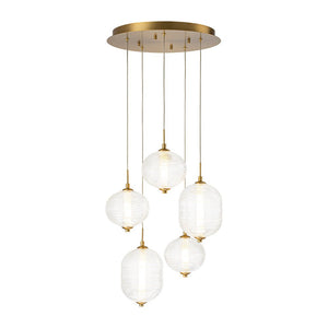 LightFixturesUSA - 5 - Light Cluster Ribbed Glass LED Round Entryway Chandelier - Chandelier - Brass - 