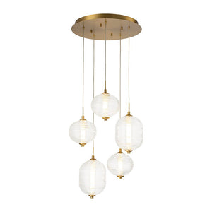 LightFixturesUSA - 5 - Light Cluster Ribbed Glass LED Round Entryway Chandelier - Chandelier - Brass - 
