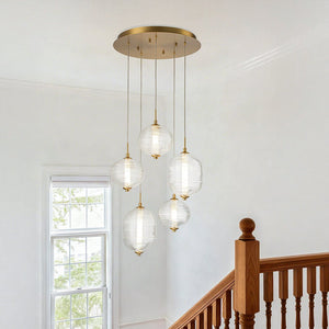 LightFixturesUSA - 5 - Light Cluster Ribbed Glass LED Round Entryway Chandelier - Chandelier - Brass - 