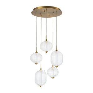 LightFixturesUSA - 5 - Light Cluster Ribbed Glass LED Round Entryway Chandelier - Chandelier - Brass - 