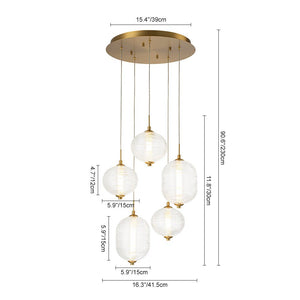LightFixturesUSA - 5 - Light Cluster Ribbed Glass LED Round Entryway Chandelier - Chandelier - Brass - 