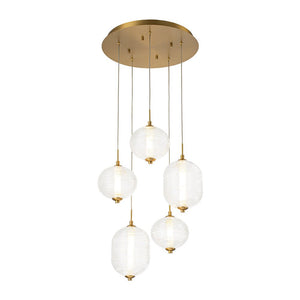 LightFixturesUSA - 5 - Light Cluster Ribbed Glass LED Round Entryway Chandelier - Chandelier - Brass - 