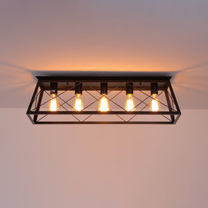 LightFixturesUSA - 5 - Light Farmhouse Rectangular Cage Semi Flush Mount - Ceiling Light - Black - 