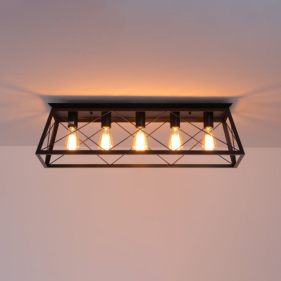 LightFixturesUSA - 5 - Light Farmhouse Rectangular Cage Semi Flush Mount - Ceiling Light - Black - 