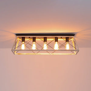 LightFixturesUSA - 5 - Light Farmhouse Rectangular Cage Semi Flush Mount - Ceiling Light - Off - White - 
