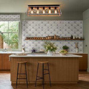 LightFixturesUSA - 5 - Light Farmhouse Rectangular Cage Semi Flush Mount - Ceiling Light - Off - White - 