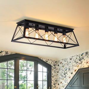 LightFixturesUSA - 5 - Light Farmhouse Rectangular Cage Semi Flush Mount - Ceiling Light - Off - White - 