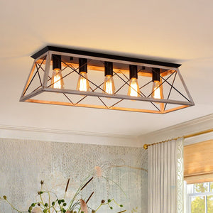 LightFixturesUSA - 5 - Light Farmhouse Rectangular Cage Semi Flush Mount - Ceiling Light - Off - White - 