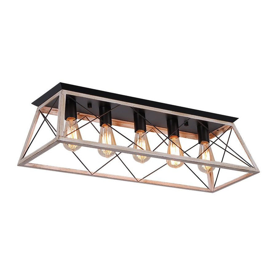 LightFixturesUSA - 5 - Light Farmhouse Rectangular Cage Semi Flush Mount - Ceiling Light - Off - White - 