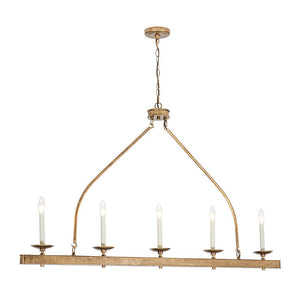 LightFixturesUSA - 5 - Light French Distressed Gold Candle Linear Island Chandelier - Chandelier - Distressed Gold - 