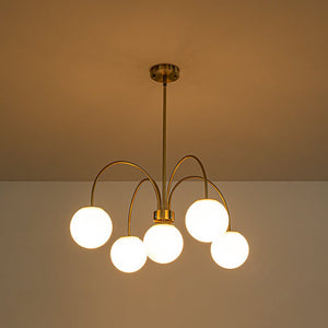 LightFixturesUSA - 5 - Light Goose Arm Opal Glass Globe Round Sputnik Chandelier - Chandelier - Brass - 