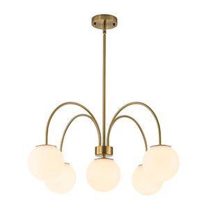 LightFixturesUSA - 5 - Light Goose Arm Opal Glass Globe Round Sputnik Chandelier - Chandelier - Brass - 