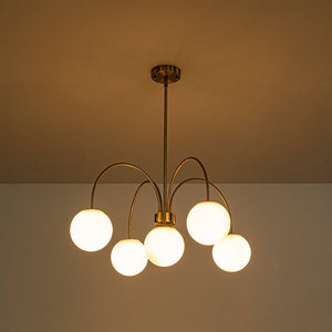 LightFixturesUSA - 5 - Light Goose Arm Opal Glass Globe Round Sputnik Chandelier - Chandelier - Brass - 