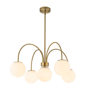 LightFixturesUSA - 5 - Light Goose Arm Opal Glass Globe Round Sputnik Chandelier - Chandelier - Brass - 