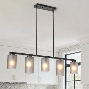 LightFixturesUSA-5-Light Gray Ribbed Glass Cylinder Shade Linear Island Chandelier-Chandelier-Black-