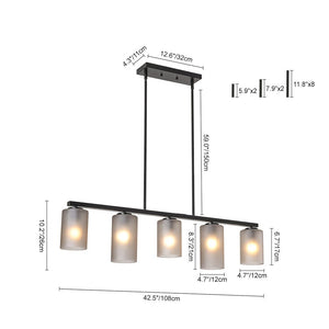 LightFixturesUSA-5-Light Gray Ribbed Glass Cylinder Shade Linear Island Chandelier-Chandelier-Black-