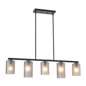 LightFixturesUSA-5-Light Gray Ribbed Glass Cylinder Shade Linear Island Chandelier-Chandelier-Black-