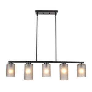 LightFixturesUSA-5-Light Gray Ribbed Glass Cylinder Shade Linear Island Chandelier-Chandelier-Black-