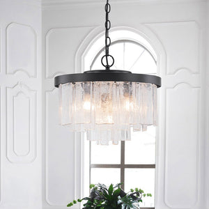 LightFixturesUSA - 5 - Light Hammered Glass Round Layered Pendant Chandelier - Chandelier - Black - 