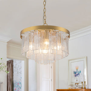 LightFixturesUSA - 5 - Light Hammered Glass Round Layered Pendant Chandelier - Chandelier - Brass - 