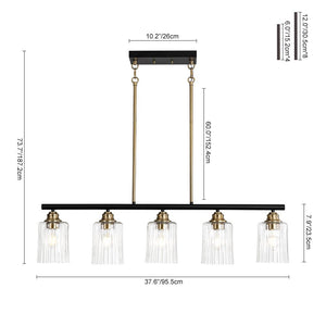 LightFixturesUSA - 5 - Light Reeded Glass Shade Linear Island Pendant - Chandelier - 5 - Lt - 
