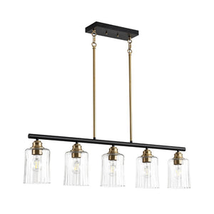 LightFixturesUSA - 5 - Light Reeded Glass Shade Linear Island Pendant - Chandelier - 5 - Lt - 
