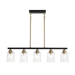 LightFixturesUSA - 5 - Light Reeded Glass Shade Linear Island Pendant - Chandelier - 5 - Lt - 