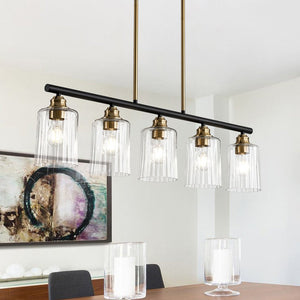LightFixturesUSA - 5 - Light Reeded Glass Shade Linear Island Pendant - Chandelier - 5 - Lt - 